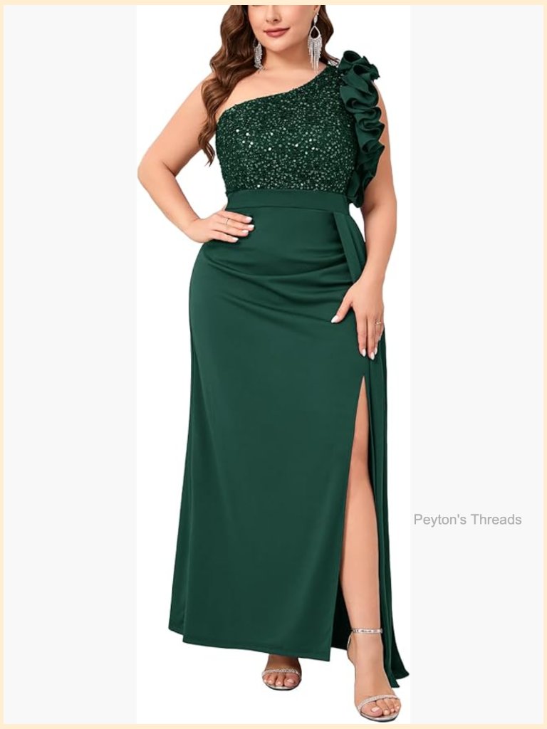 Plus Size One Shoulder Sequin Maxi Dress Sleeveless Ruffle High Waist Side Slit